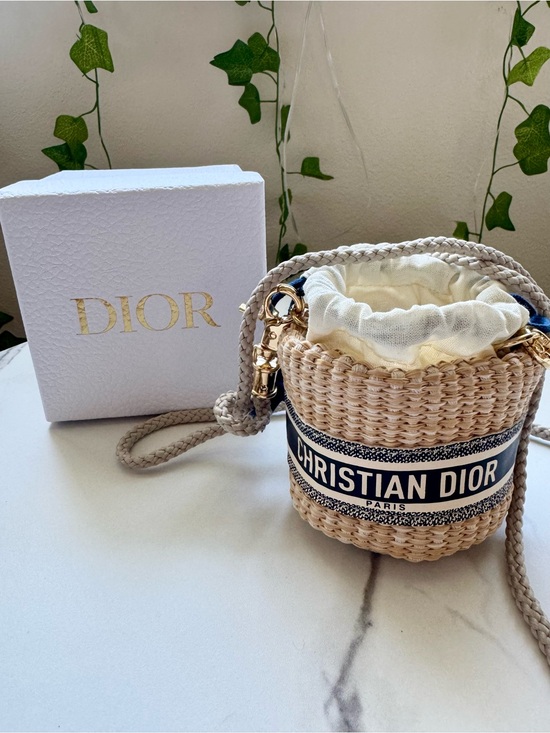 Dior Handbags - Dior Natural Straw Mini Bucket Bag with Navy Logo Band